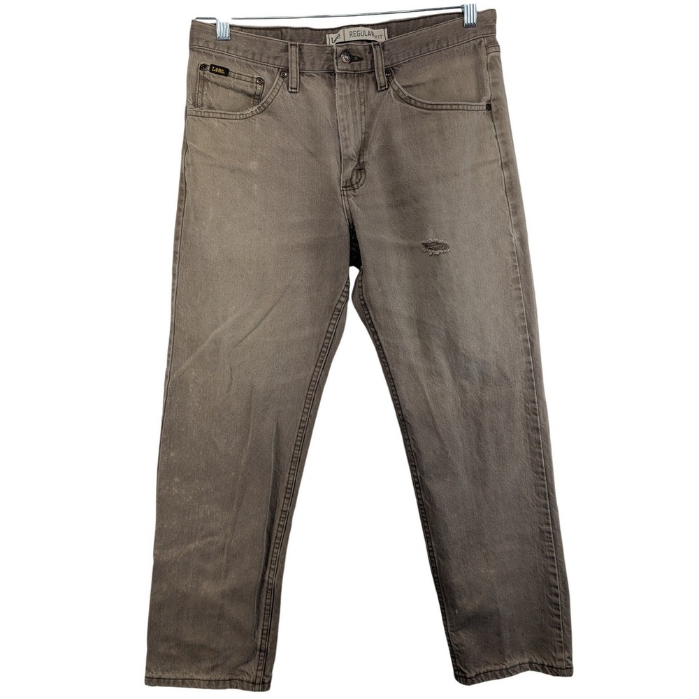 Lee Regular Fit Brown Jeans Mens 33x29 Straight Leg Distressed Faded Workwear
